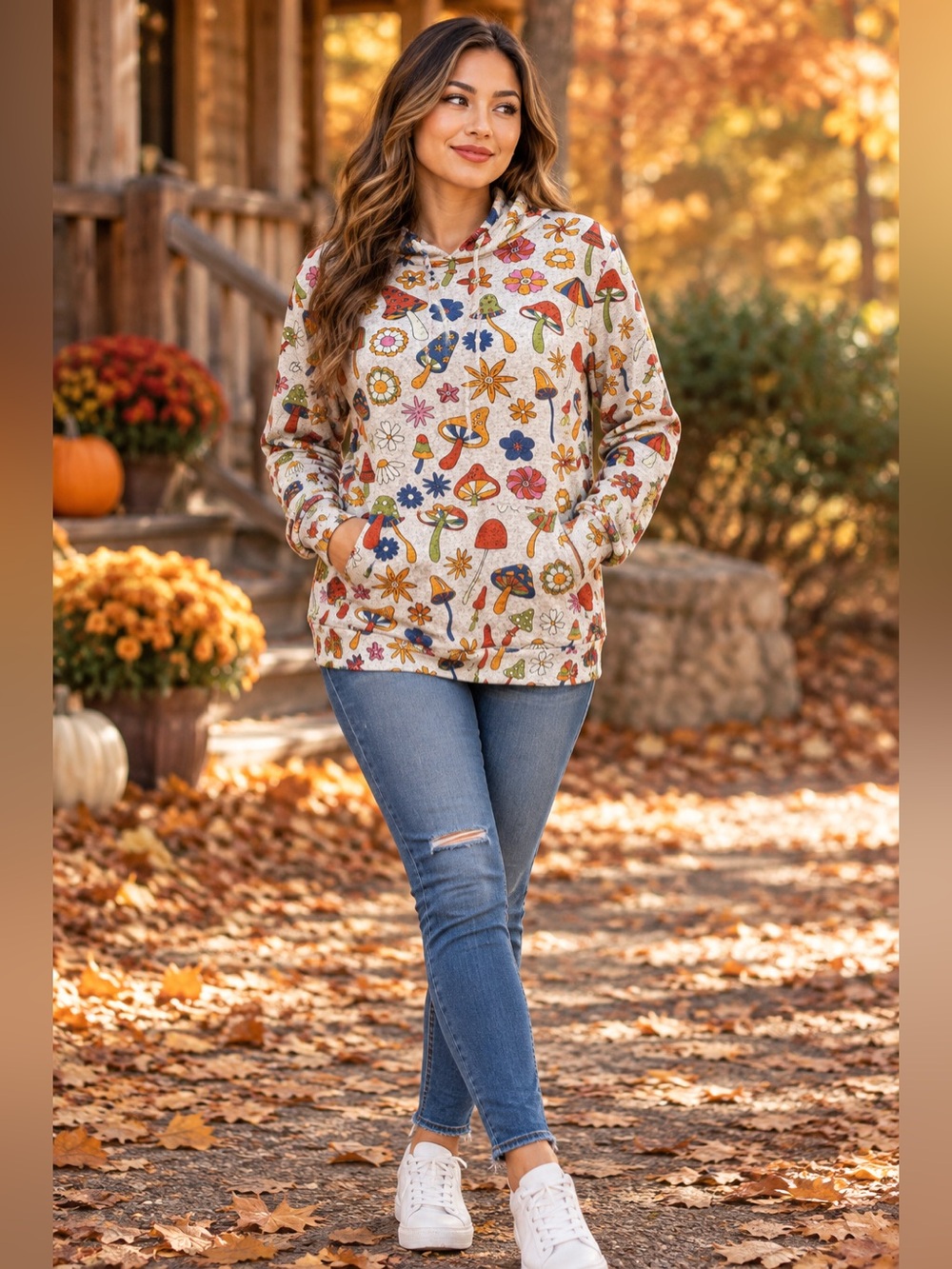 LA SOUL Mushroom Hoodie small Gray Retro Floral Print Lightweight